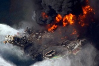 the Deepwater Horizon oil rig is seen burning